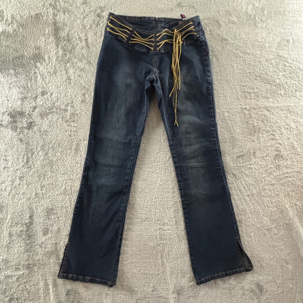 HIT Jeans USA Lace Up Flare Jean Womens 3/4 Blue Denim Back Zipper Vintage Y2K